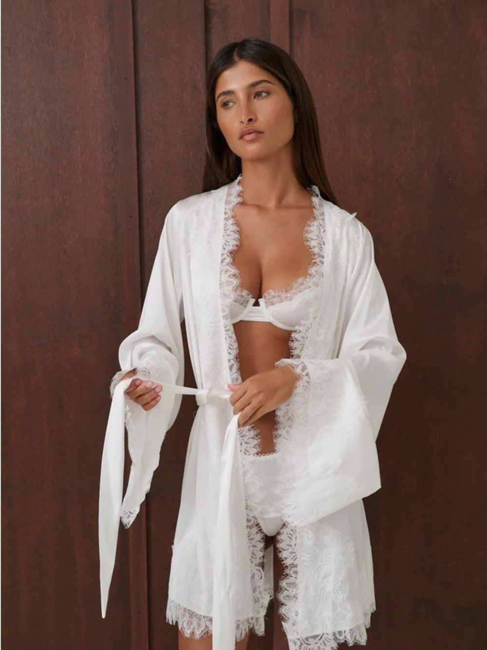 Lace-Trim Satin Wrap Robe in White - Women Intimates & Sleepwear - Picture 3 of 4